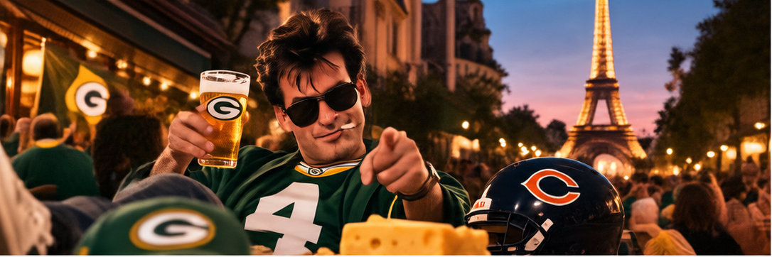 Packers supporter with the Eiffel Tower in the background