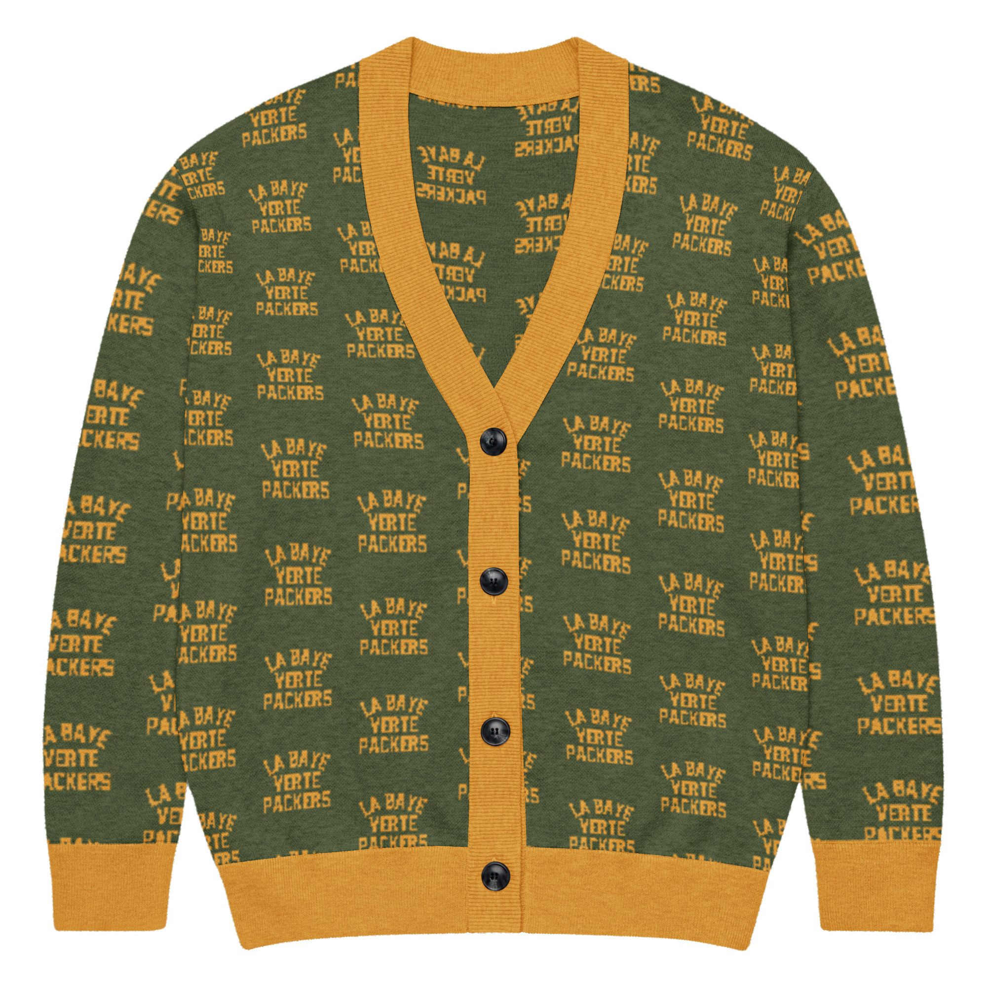 La Baye Verte – 1989 Green & Gold All-Over Knitted Packers Cardigan – Paris Fan Club Edition