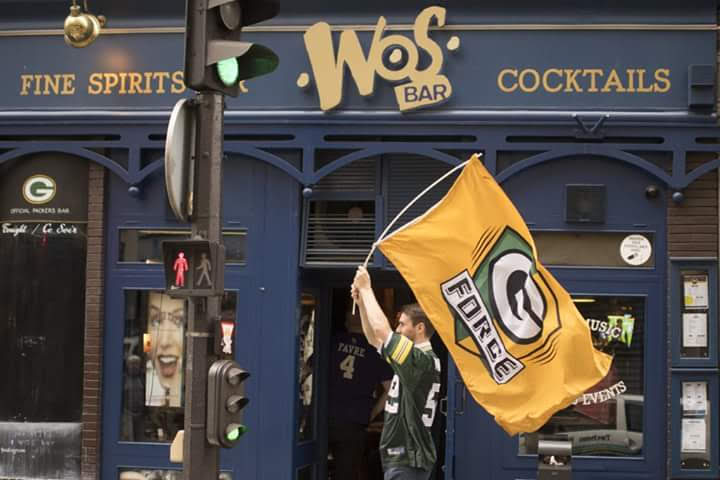 Packers flag outside WOS Bar in Paris