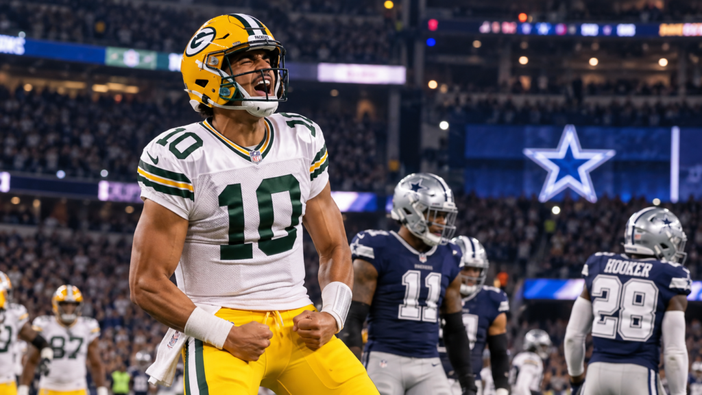 Illustration of a Packers quarterback celebrating against the Dallas Cowboys